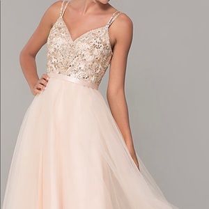 Light pink beaded tulle long prom dress